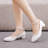 Breakj 3 Cm Square-Shaped Round-Headed Single-Shoe Wrist Strap Single Shoe Spring And Autumn Lace Wedding Shoes Women's Small White