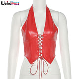 Puss Halter V-Neck Bandage Sexy Y2K PU Leather Croped Crop Fashion Backless Sleeveless Chic Slim Party Clubwear