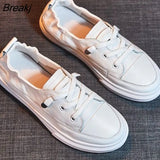 Women White Flats Pu Soft Leather Sneakers Canvas Loafers Comfort Lace Up Casual Spring Woman Vulcanized Shoes Summer