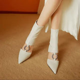 2022 Womens Pointed The Knee Boots Cut Out Rhinestones Square Circle Buckle High Heel Shoes Real Leather Black High