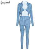 Summer Women Plaid Print 3 Piece Set Coat+Bra+ Sporty Leggings Matching Set Stretchy Activewear Skinny Birthday
