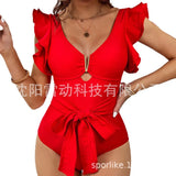 Solid-Color One-Piece Swimsuit Women 2025 New All-In-One Lotus Edge Hollow Air Pressure Line