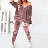 Velvet Tracksuits Women Sexy V Neck Pullover Sweatshirt And Harem Pants Two Piece Sets Loose Elegant Ladies