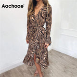 Long Dresses 2021 Women Zebra Print Beach Bohemian Maxi Dress Casual Long Sleeve V Neck Ruffles Party Dress