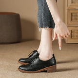 Med-High Heels Oxford Shoes Woman Lace-Up Sneakers Solid Leather Brogues Ladies All Match Loafers Office Dress Flats