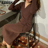 2021 thick dress warm autumn winter maix sweater dress women bodycon v-neck Drawstring long dress female slim elegant