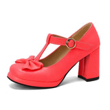Patent Leather Dress Pumps Block High Heel for Women Chic Comfort Platform Mary Janes Closed Toe Bow Cosplay Kawaii