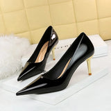 Breakj Fashion Simple Metal With Super High Heel Shallow Point Bright Patent Leather Heels Women's Single