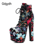 Lacing Very Ultra High Heel Boots For Women Fashion Flowers Vintage Ankle Boots Ladies Party Shoes Spring Autumn Big