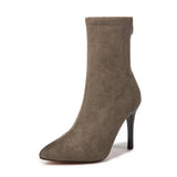 Zipper Pointed Short Boots Children Follow The 2023 Autumn And Winter New Velvet Thin Leg Medium Tube Large-Size High-Heeled Elastic
