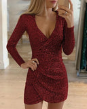 Sexy Glitter Dresses for Women 2019 Deep V-Neck Shiny Sequin Mini Bodycon Dress Winter Long Sleeve Party Dress Vestidos