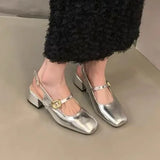 Silver Mary Jane Shoes Women's Shoes 2024 New Summer Temperament Thick Heel Square Head Shallow One Word With Single