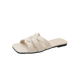 Classic Flat-Soled Slippers Women's 2023 New Leisure Three Cross-Band Knitting Square Head Comfortable Slippers