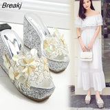 Wedges Slippers High Heels Women's Summer Flower Decoration Sandals Fashion Silver Female Casual Gold Shoes Size