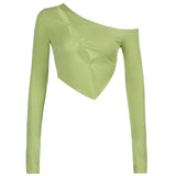 Irregular Off Shoulder Sexy Crop Top T Shirt Women Solid Hollow Out Long Sleeve Basic T-shirt Ladies Korean