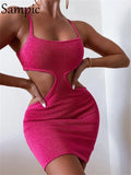 2022 New Spring Women Cut Out Bodycon Sexy Club Strap Mini Dress Backless Rose Red Party Skinny Hollow Out Causal