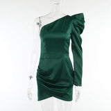 One Shoulder Green Mini Dresses For Women Satin Elegant Autumn 2021 Vintage Sexy Ruched Clubwear Party Female