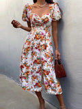 New Puff Sleeve Maxi Boho Dresses Women Sexy Low Chest V Neck Chic Dress 2022 Elegant Pattern Print Button Slit Long Party
