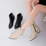 New Fashion Leather Ankle Boots Women Thick High Heels Zipper Pointed Toe Autumn Winter Woman Shoes Square Heel White
