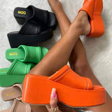 Platform Slippers for Women Square Toe PU Leather Wedge Sandals Woman Summer 2022 Thick Bottom Female Flip