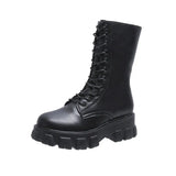 Mid-calf Boots Female Lace Up Chunky Heels Women's Platform Shoes 2021 Pu Leather Zipper Ladies Shoes Autumn
