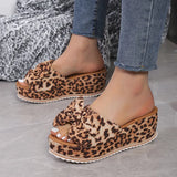 Breakj Bow Thick Bottom Slippers Female Leopard Print Cloth One-Line Shaped Wedge Sandals