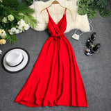 Maldives Holiday Dress Sexy Backless Straps V-neck Dress Women Solid Color Thai Seaside Maxi Long Big Swing Fairy