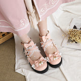 Women Fashion Flat Heel Bow Buckle Strap Platform Round Toe Cosplay Lolita Mary Janes Shoes with Lace Edge and Pearls