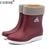 Non Slip Rain Boots Women Warm Mid Tube Round Toe Snow Boots Outdoor Water Shoes Waterproof Rain