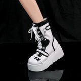 Women Lolita Cross Belt Buckle Round Toe Gothic Punk Ankle Boots Shoes Platform Wedge High Heel Creepers Japanese