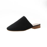 Women Mules Slippers Female Summer Flats Sandals Knit Fabric Stretch Slides Holiday Beach Shoes Square Heel Square Toe