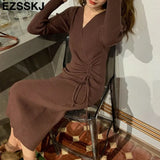 2021 thick dress warm autumn winter maix sweater dress women bodycon v-neck Drawstring long dress female slim elegant