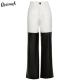 Puss Women Y2K Straight High Waist Pants Chic Leather Denim Patchwork Loose Pocket Vintage Casual Streetwear Slim