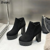 Bottom 10CM Pumps Suede High Heels Round Head Waterproof Platform Black Single Shoes Woman's Spring Autumn Slip-On