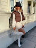 Women Fashion Brown Cropped Vest Coat Female Stand Collar Zipper Waistcoat Ladies Casual