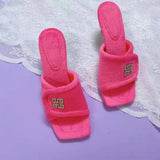 Slippers 2021 Winter Square Toe Velvet Slippers Thin Heels Chic Bling Rhinestone Slides Ladies Fashion Flip Flop