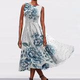Women Spring O Neck High Waist Long Boho Dress Vintage Plants Print High Waist Office Dress Summer Sleeveless Tank Maxi