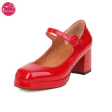 EDEELVEE Spring Women Buckle Mary Janes Platform Thick High Heel Pumps Fashion Sweet Dress Shoes Black White Red Plus Size