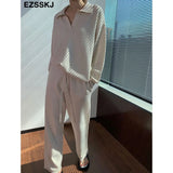 Pieces Set Women oversize Tracksuit polo collar Sweater Pullover straight pants Sweater Set CHIC Knitted Outwear sweater