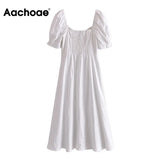 Summer Solid Color Elegant A Line Dress Women Puff Short Sleeve Midi Female Square Collar Sundress Vestidos