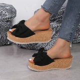 Breakj Bow Thick Bottom Slippers Female Leopard Print Cloth One-Line Shaped Wedge Sandals