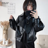 New Autumn Women Faux Leather Jacket Vintage Boyfriend Style Coat Batwing Sleeve Short Motor PU Jackets Biker