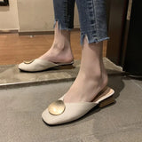 Slippers Mules Flat Casual Shoes British Metal Buckle Slides Wooden Heel Summer Half Slippers Elegant