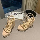 Sandals Woman Leather Suit Female Beige High Heels Shoes Muffins shoe Clogs Wedge Open Toe Low-heeled Studded Black