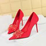 Breakj Korean Version Banquet High-Heeled Shoes Women Thin Heel Suede Shallow Mouth Pointed Gem Water Diamond Bow Single