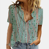 Women Elegant Office Simple Turn-down Collar Cartoon Print Casual Shirt Fashion Summer Short Sleeves Button Cardigan