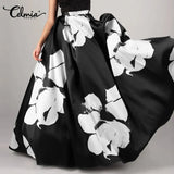 Women 2022 Fashion Big Flower Printed Swing Skirts Celmia Elegant High Waist Long Maxi Skirt Casual Loose Holiday A-line