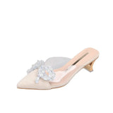 Breakj Summer New Korean Version Of The Bow Water Diamond Tip Head Half Drag High Heel Slippers Thin Heel Women's