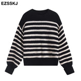 thick stirped oversize Sweater Pullovers Women Casual o-neck lantern Sleeve Sweater puff sleeve big size