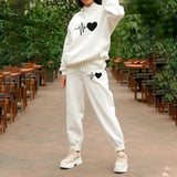 Heart Printed Fleece Women's Tracksuit Hoodies 2 Piece Set Sweatshirt + Pants Women Sport Suit Winter